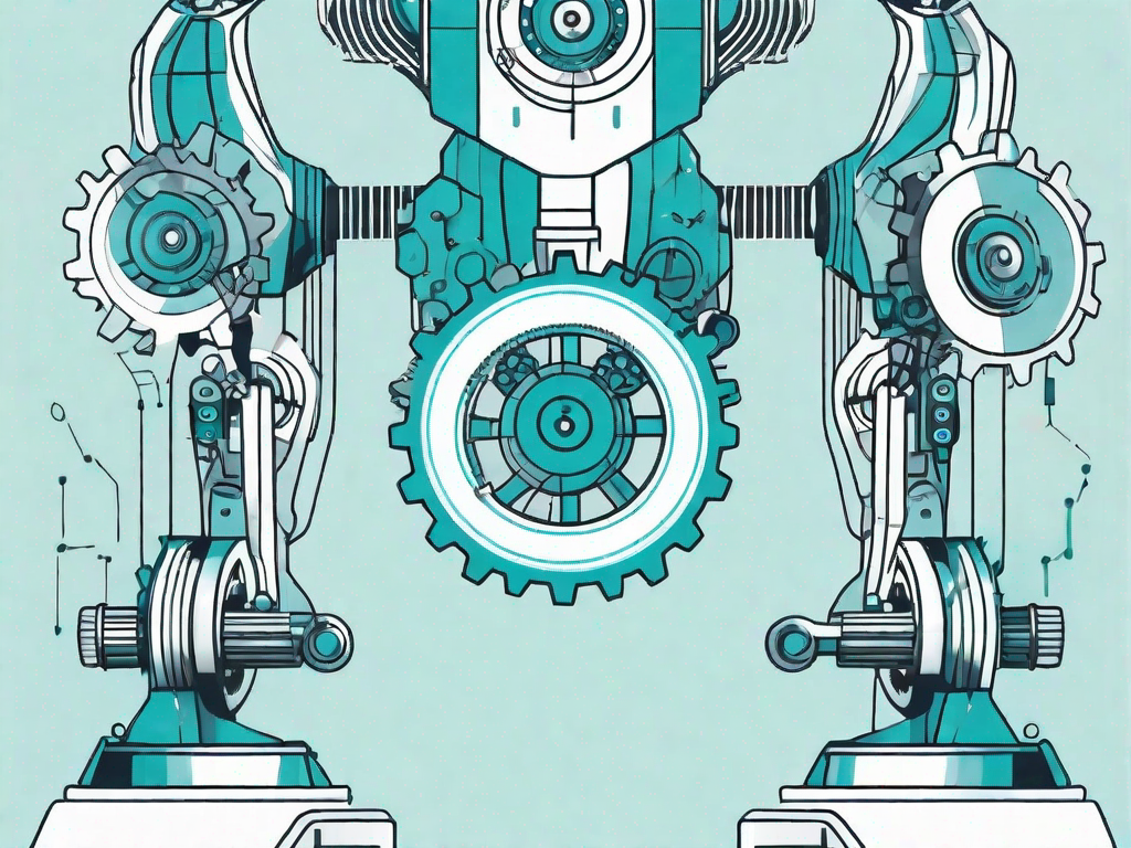 A robotic arm manipulating a complex system of gears and levers