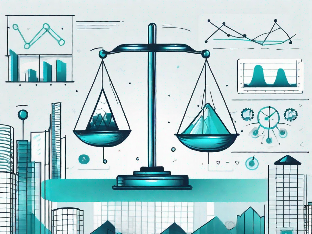 A balanced scale with various business icons like graphs