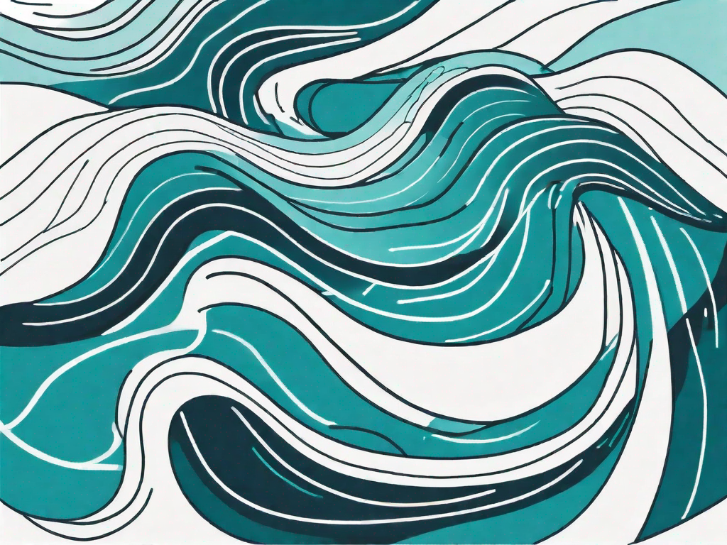 A flowing river with various abstract shapes representing different stages of a process along its banks