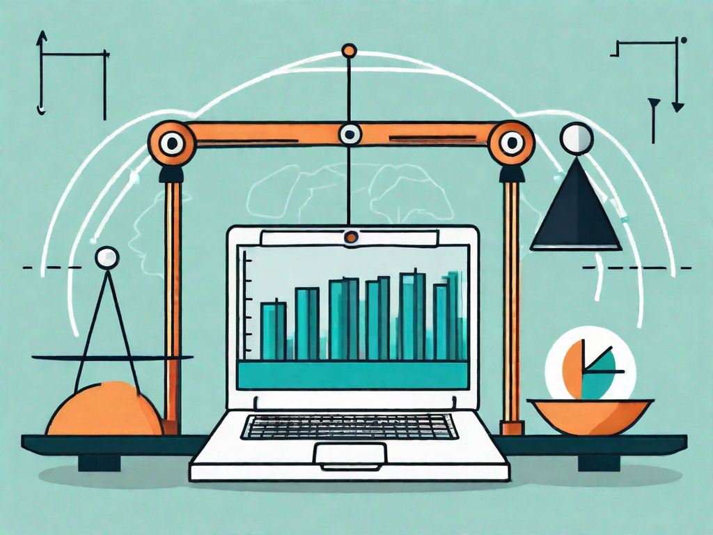 A balancing scale with business-related icons such as graphs