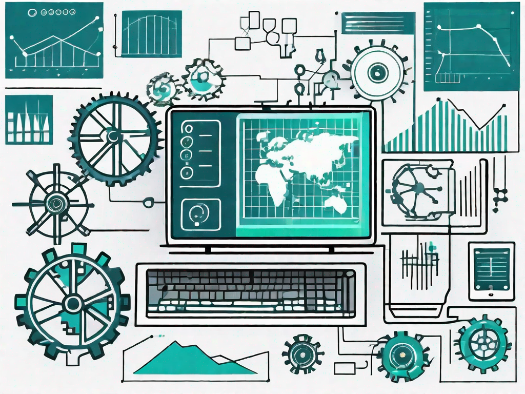 A computer with various analytical tools like graphs and charts on the screen