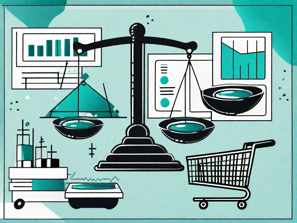 A balance scale with business analysis tools like charts and graphs on one side