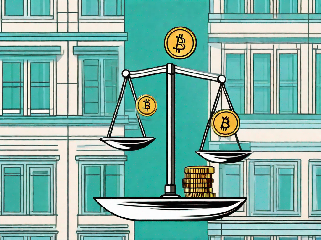 A balanced scale with coins on one side and a business building on the other