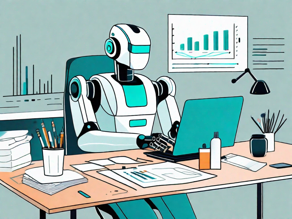 An ai robot sitting at a desk filled with analytical tools like charts and graphs