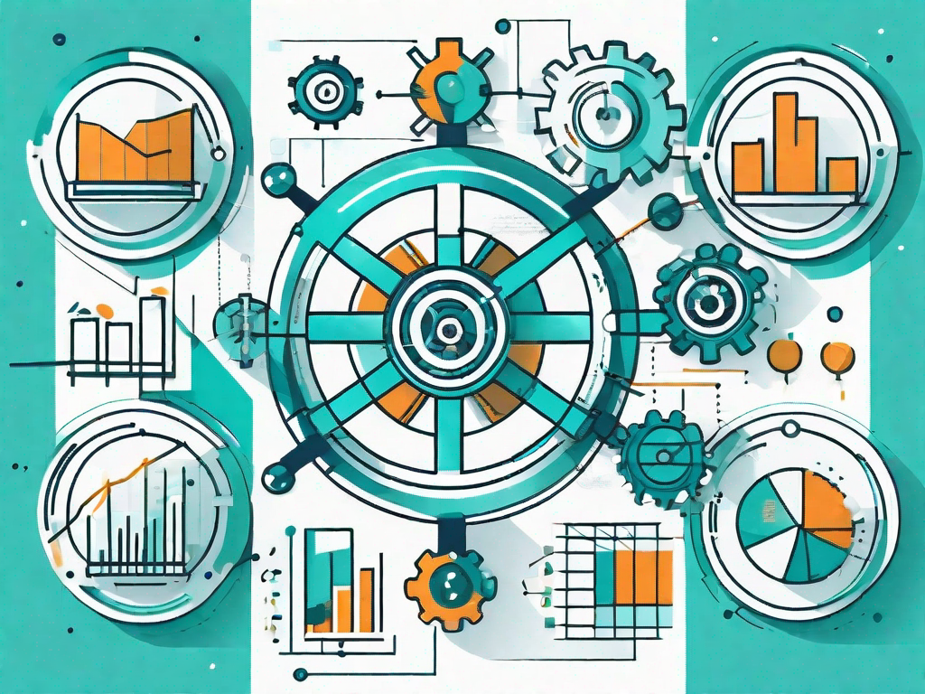 A matrix intersected with various business-related icons such as charts