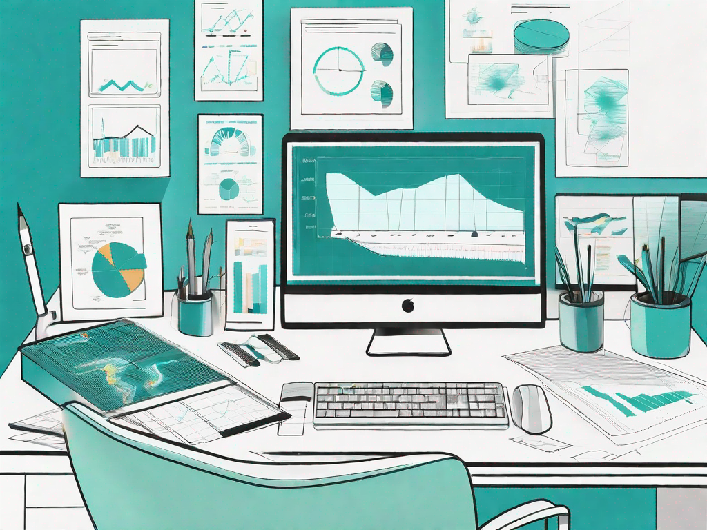 A business analyst's desk with various tools like charts