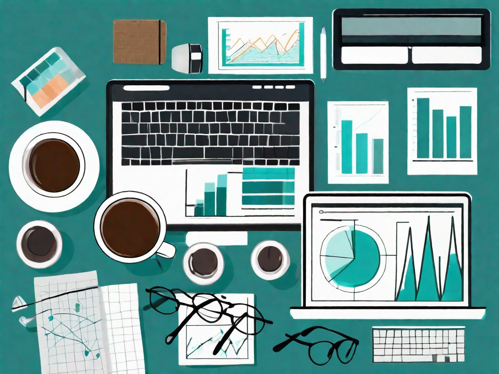 A laptop on a desk with various analytical charts on the screen