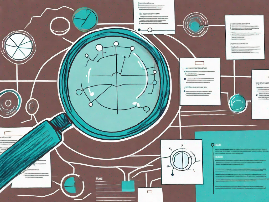 A magnifying glass hovering over a flowchart representing various strategic business processes