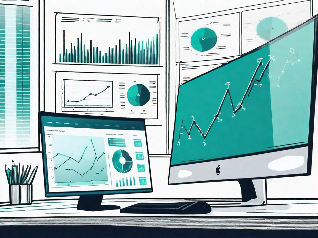 A business analyst's desk with a computer displaying coding software on one side and business charts on the other side