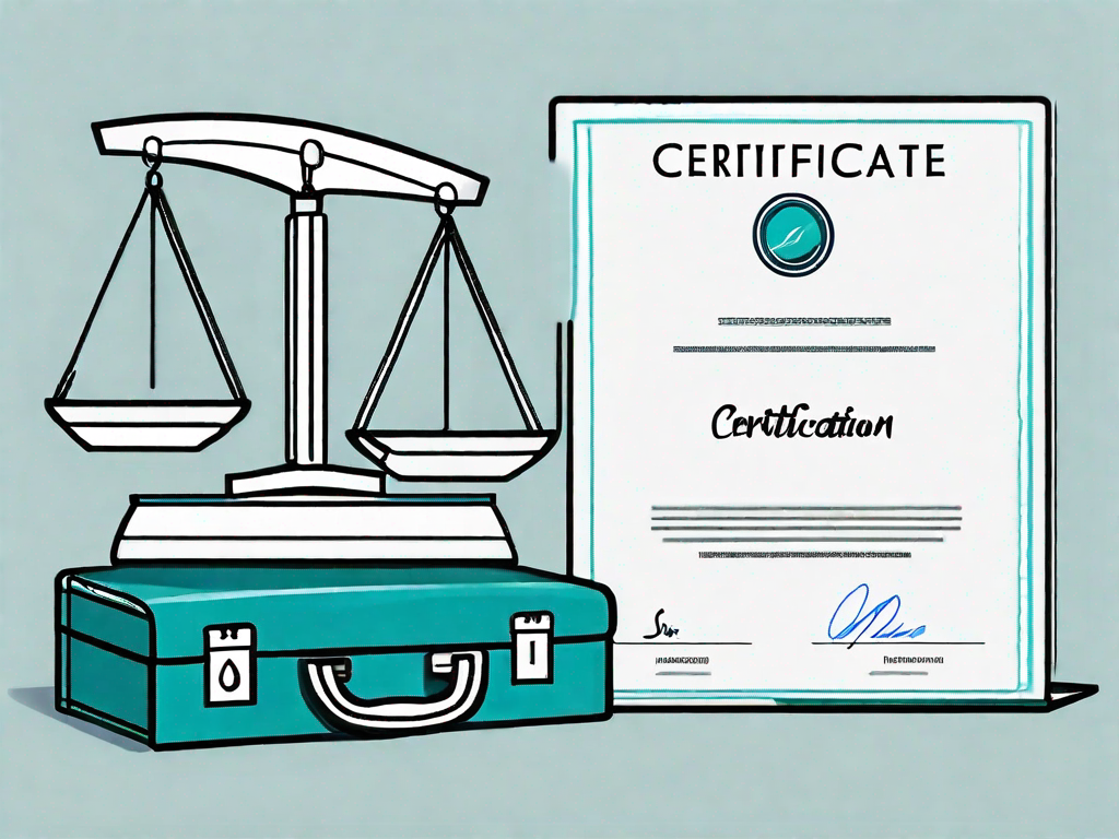 A scale balancing a certificate and a briefcase