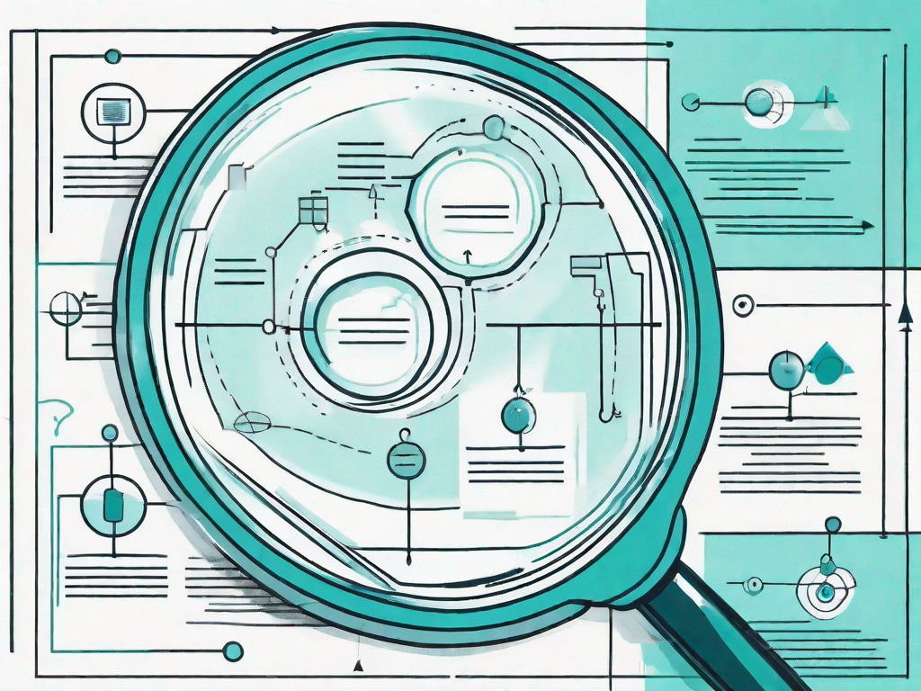 A magnifying glass hovering over a flowchart representing a business process