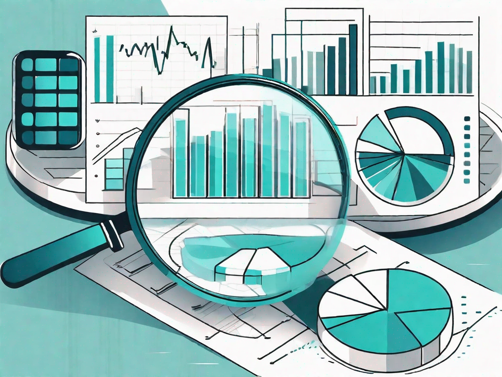 A magnifying glass hovering over a set of bar graphs and pie charts