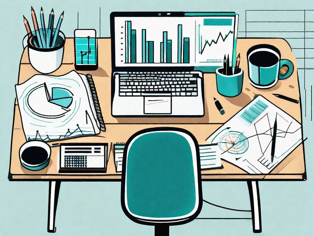 A desk with a laptop displaying graphs and charts