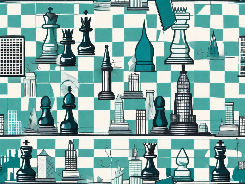 A chessboard with various business-related items such as skyscrapers