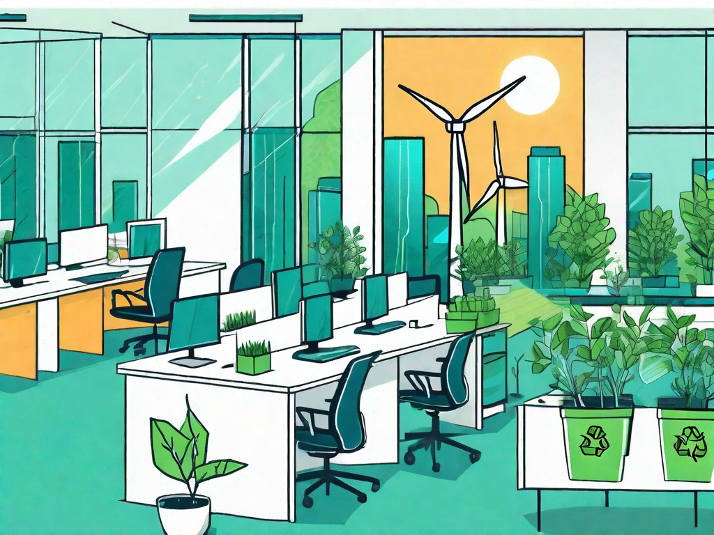 A sustainable office environment with elements like solar panels