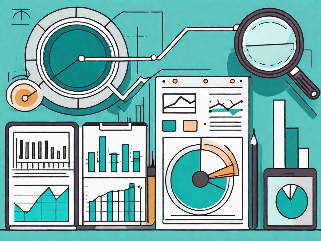 Various business tools such as a magnifying glass over a pie chart