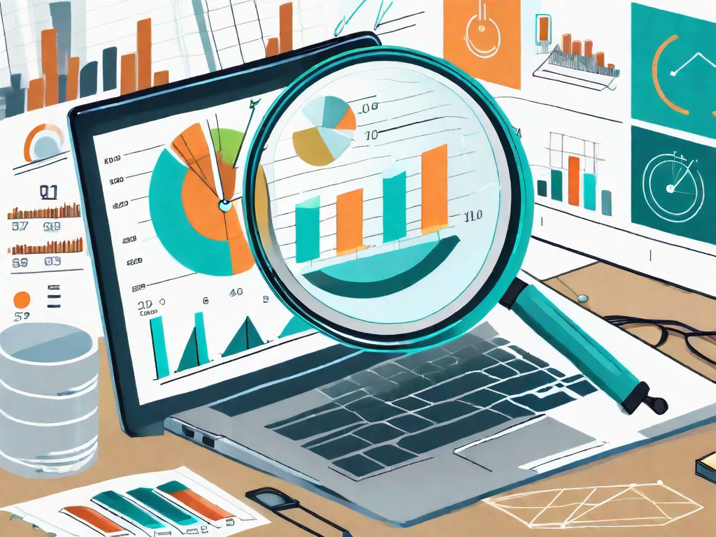 A business chart on a laptop screen with a magnifying glass hovering over it