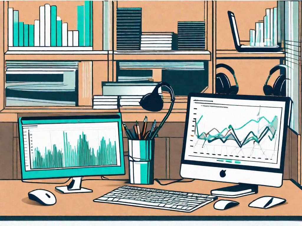 A modern office desk setup with a computer displaying various charts and graphs