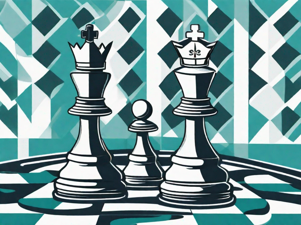 Two chess pieces - a king (representing the business analyst) and a knight (representing the scrum master) - placed on a chessboard that is morphing into a dynamic
