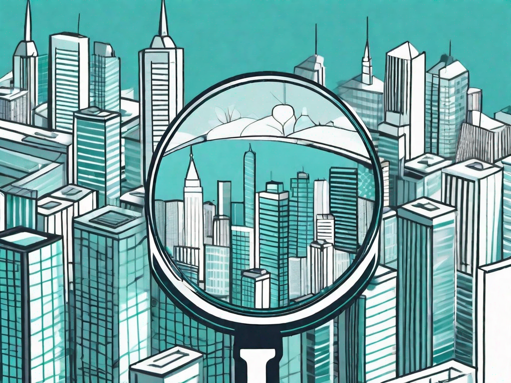 A magnifying glass hovering over a miniature cityscape