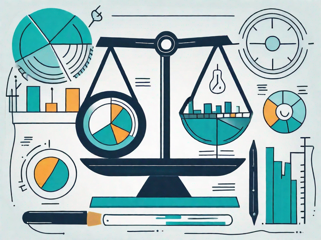 A balanced scale with different business tools and elements like a magnifying glass