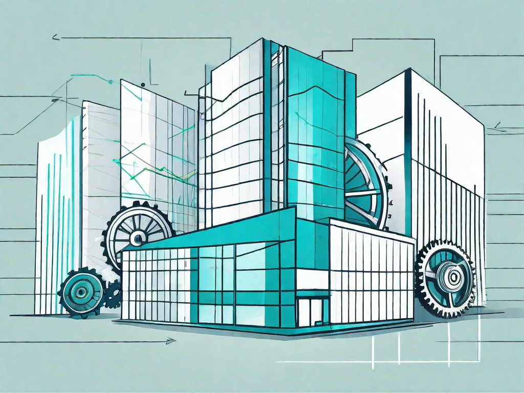 A large corporate building with different sections highlighted to represent various business analysis elements such as charts