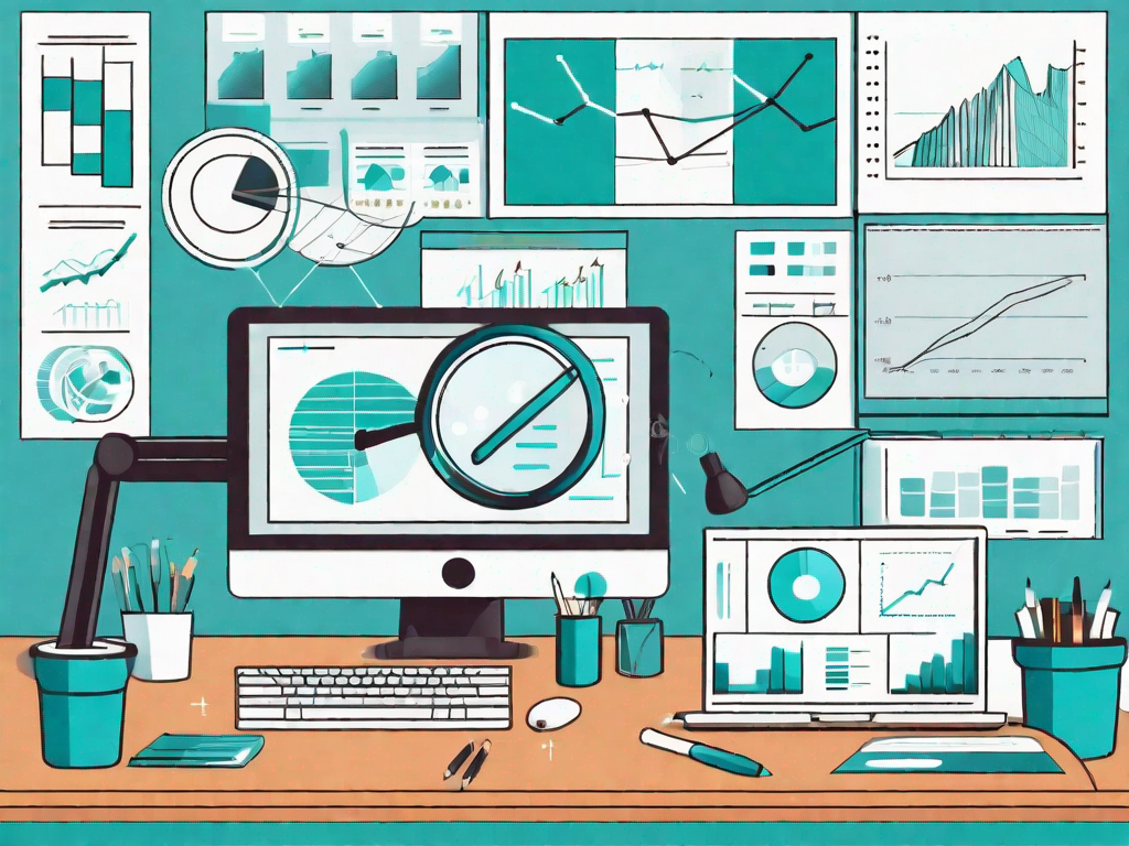 A startup office environment with various analytical tools like charts