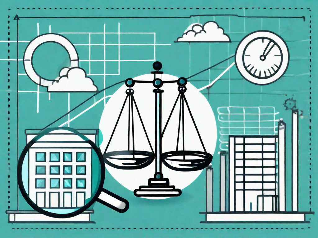 A balanced scale with various business-related icons (like a graph