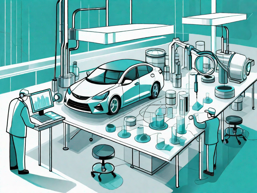 An automotive manufacturing production line with various analytical tools like graphs