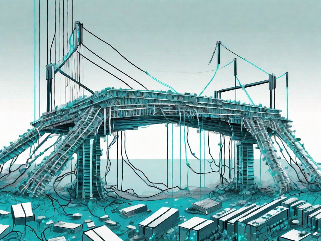 A crumbling bridge made out of computer chips and cables