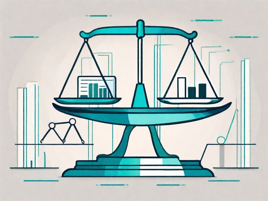 A balance scale with seven different elements symbolizing business analysis tools on one plate and an accounting firm building on the other