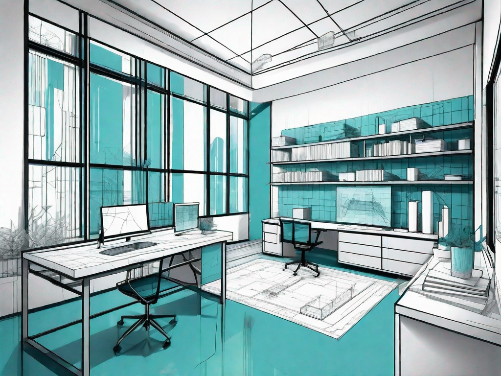 A modern architectural firm office with various tools like blueprint rolls