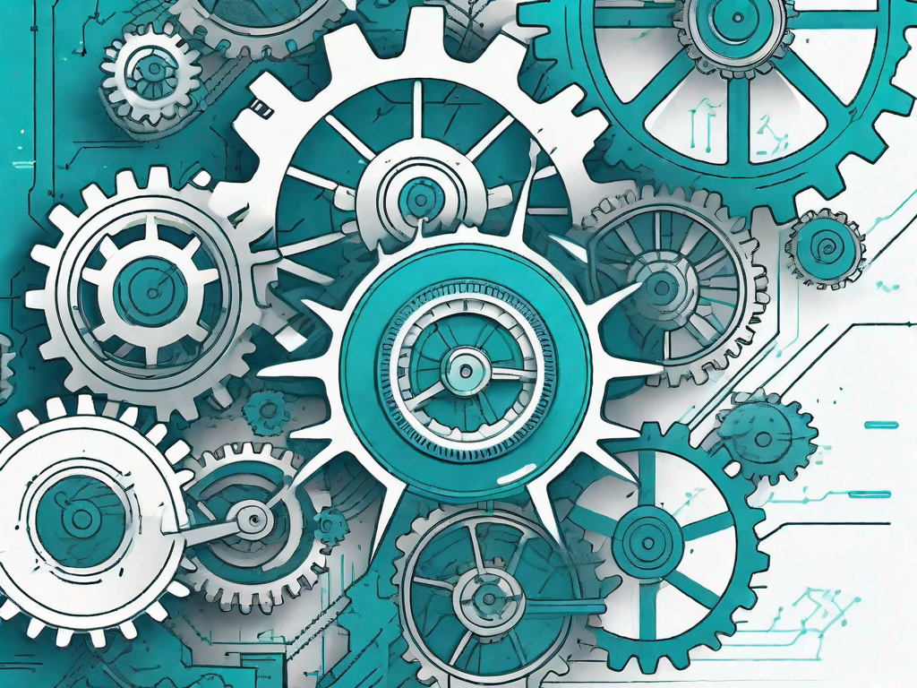 A complex machinery system with various interconnected gears and cogs