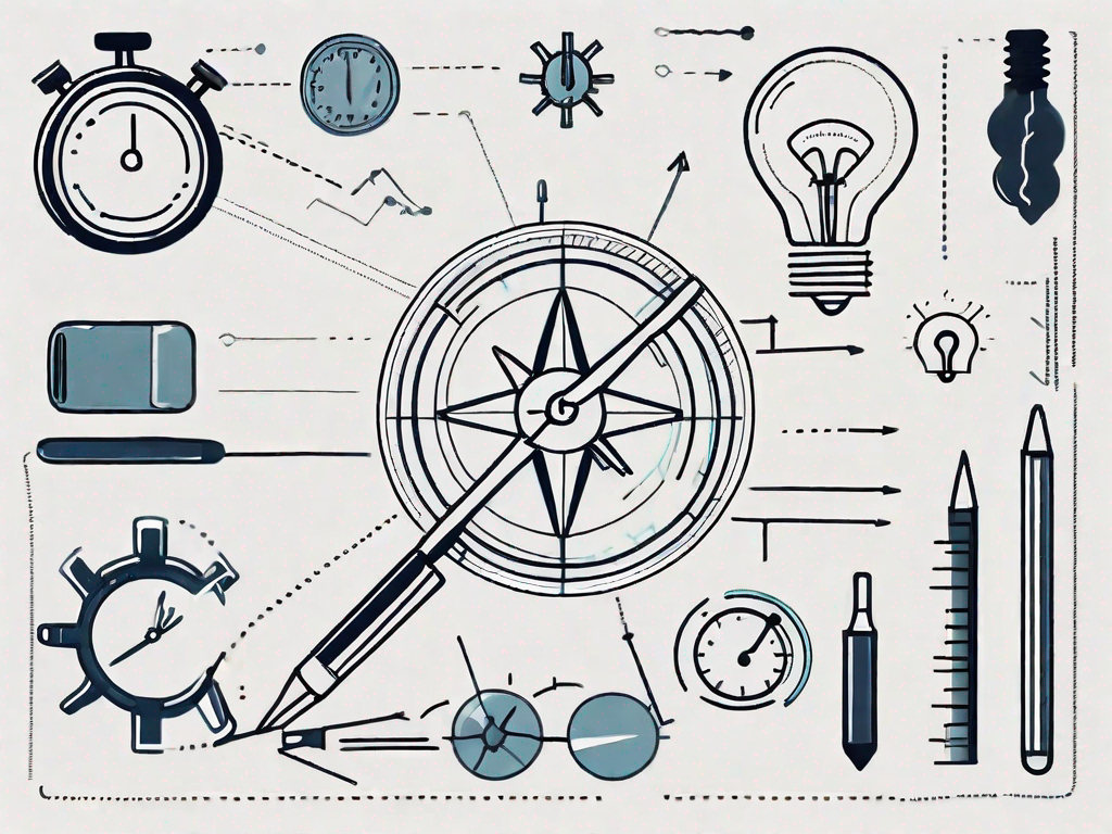 A startup toolkit with seven distinct tools symbolizing different aspects of business analysis such as a magnifying glass for research