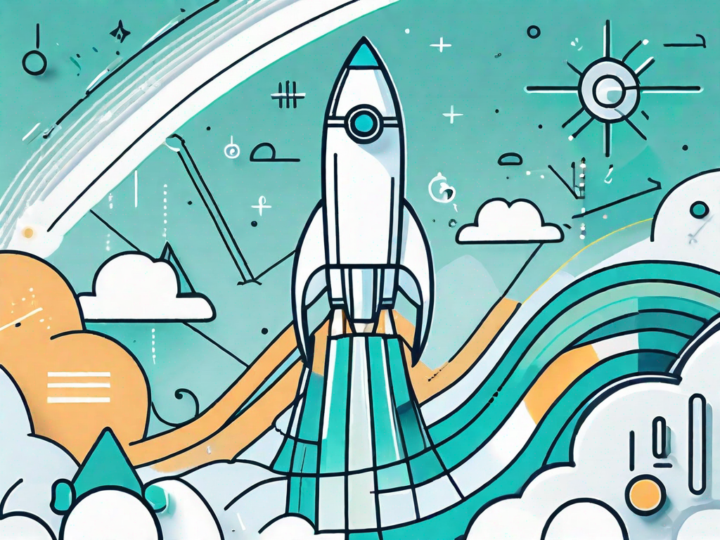 A startup rocket ship navigating through a sky filled with various business-related icons like graphs