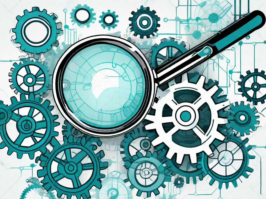 A magnifying glass hovering over a complex network of interconnected gears