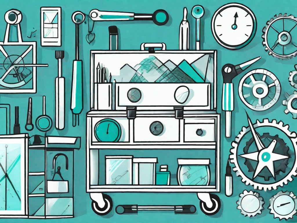 A toolbox with ten different tools representing various aspects of business analysis like graphs