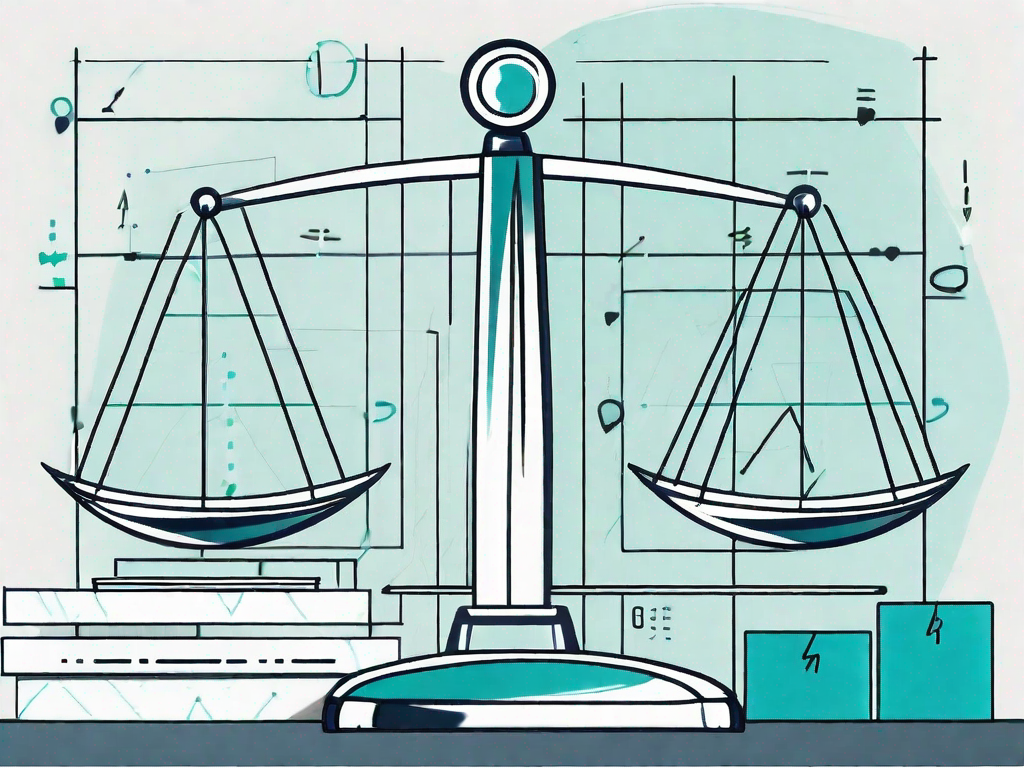 A balanced scale with quality control tools on one side and business analysis graphs and charts on the other