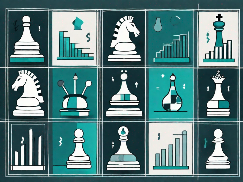 A chessboard with symbolic business elements such as a bar graph