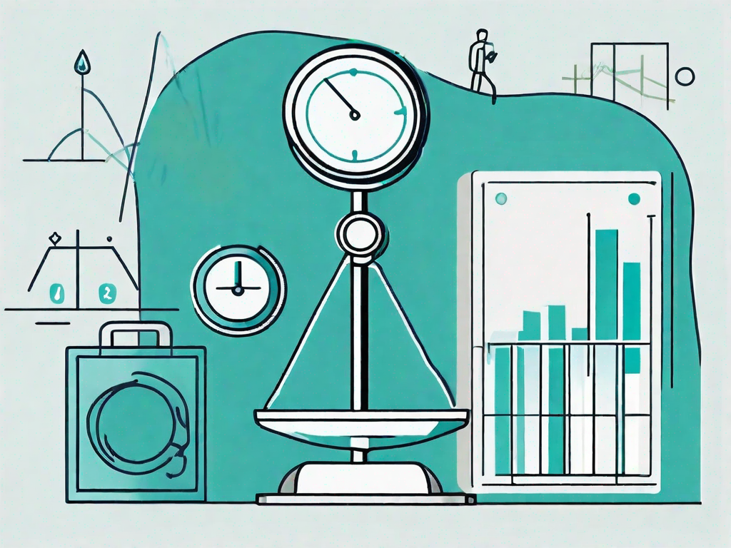 A scale balancing different business tools and elements such as a magnifying glass