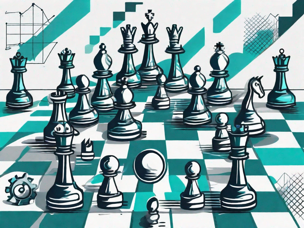 A chessboard with various business-related icons such as graphs