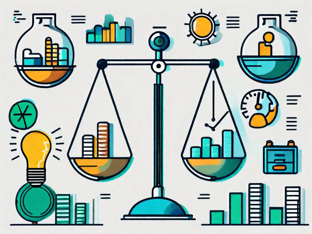 A balance scale with seven different financial icons (such as a calculator