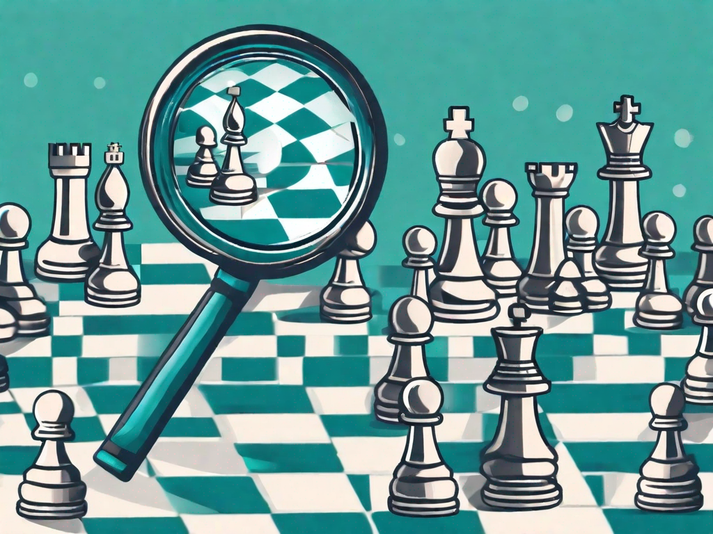 A magnifying glass hovering over a chessboard with chess pieces shaped like various marketing tools