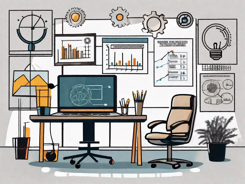 A balanced scale with seven different symbolic elements representing business analysis tools such as a magnifying glass