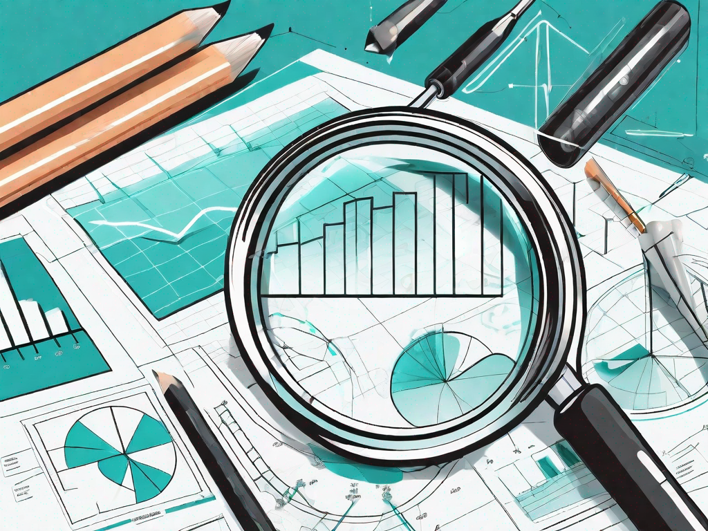 A magnifying glass over a product blueprint with various analytical tools like graphs