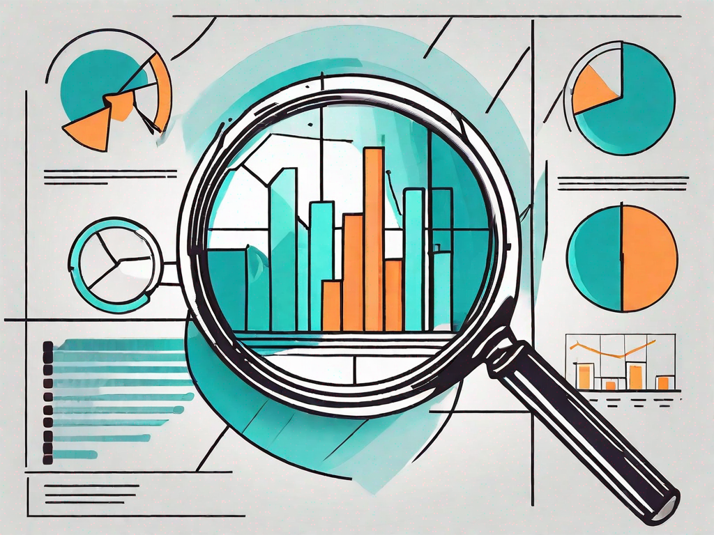 A magnifying glass hovering over a pie chart and bar graphs