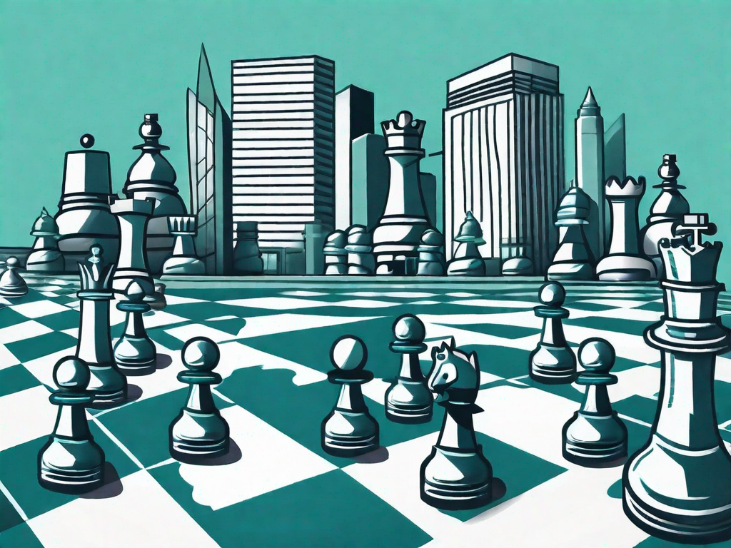 A chess board with various business-themed chess pieces like buildings