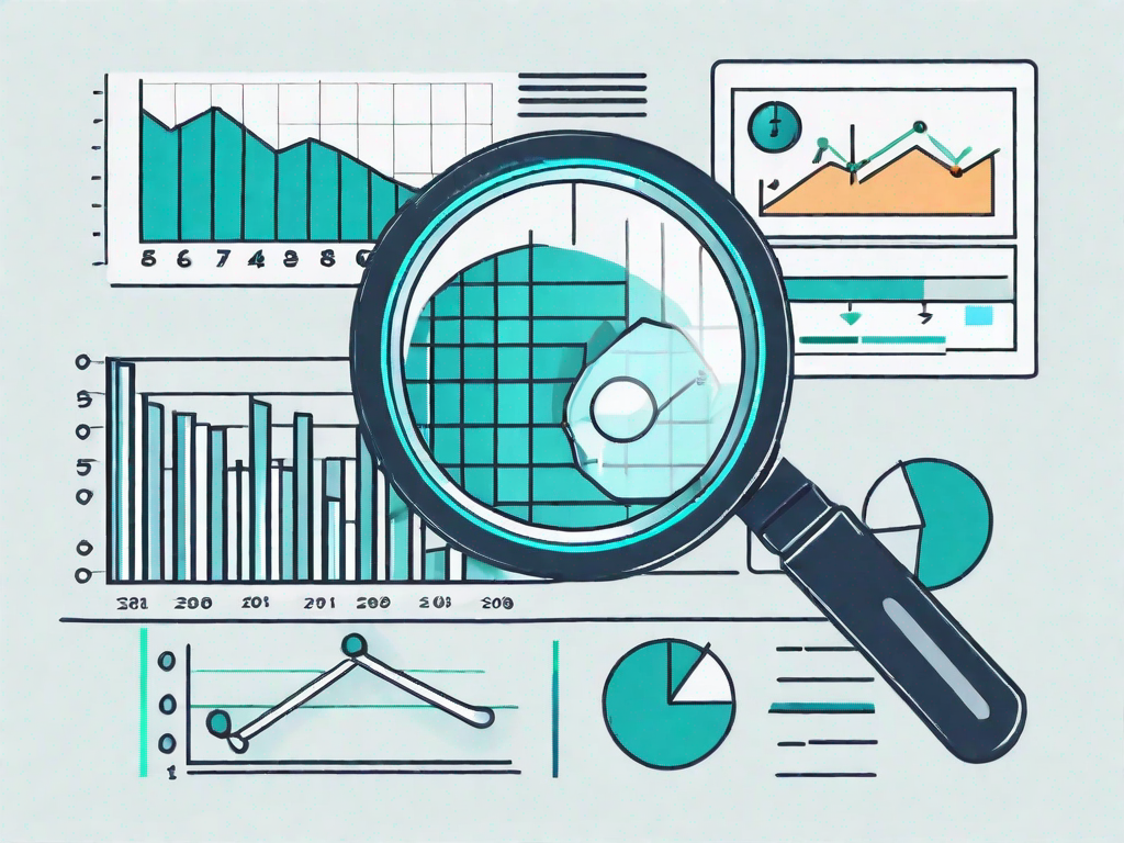 A magnifying glass hovering over a pie chart and bar graph