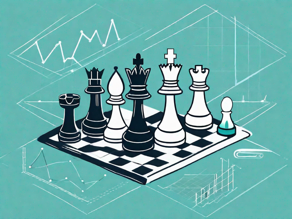 A chessboard with various symbolic elements like graphs