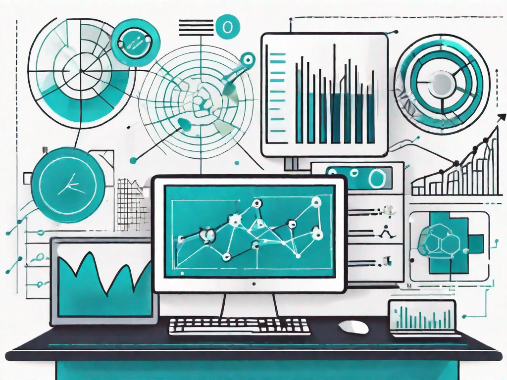 A computer with various software icons and analytical graphs emerging from it